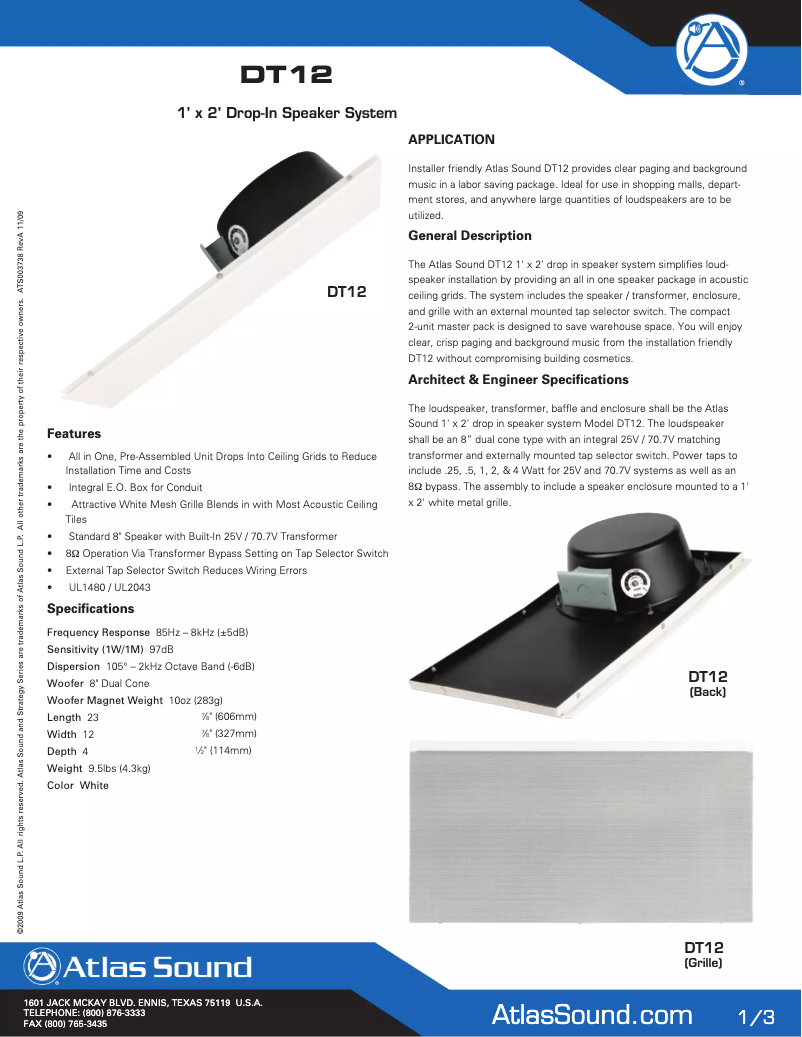 Page 1 of the manual Brochure Atlas Sound DT12