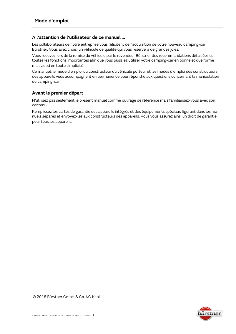 Page 1 of the manual User Manual Bürstner Lyseo TD Privilège (2019)