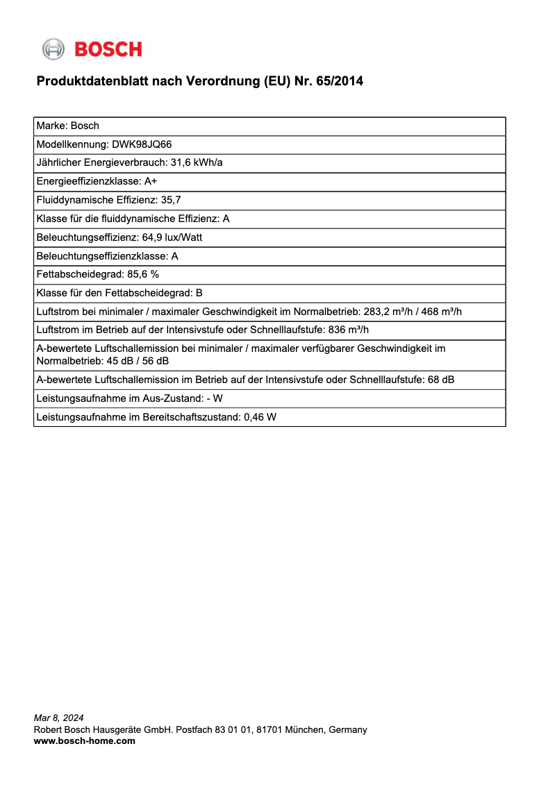 Page 1 of the manual Technical Sheet Bosch DWK98JQ66