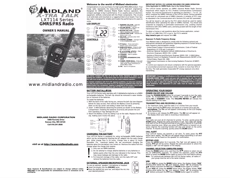 Page 1 of the manual User Manual Midland LXT114