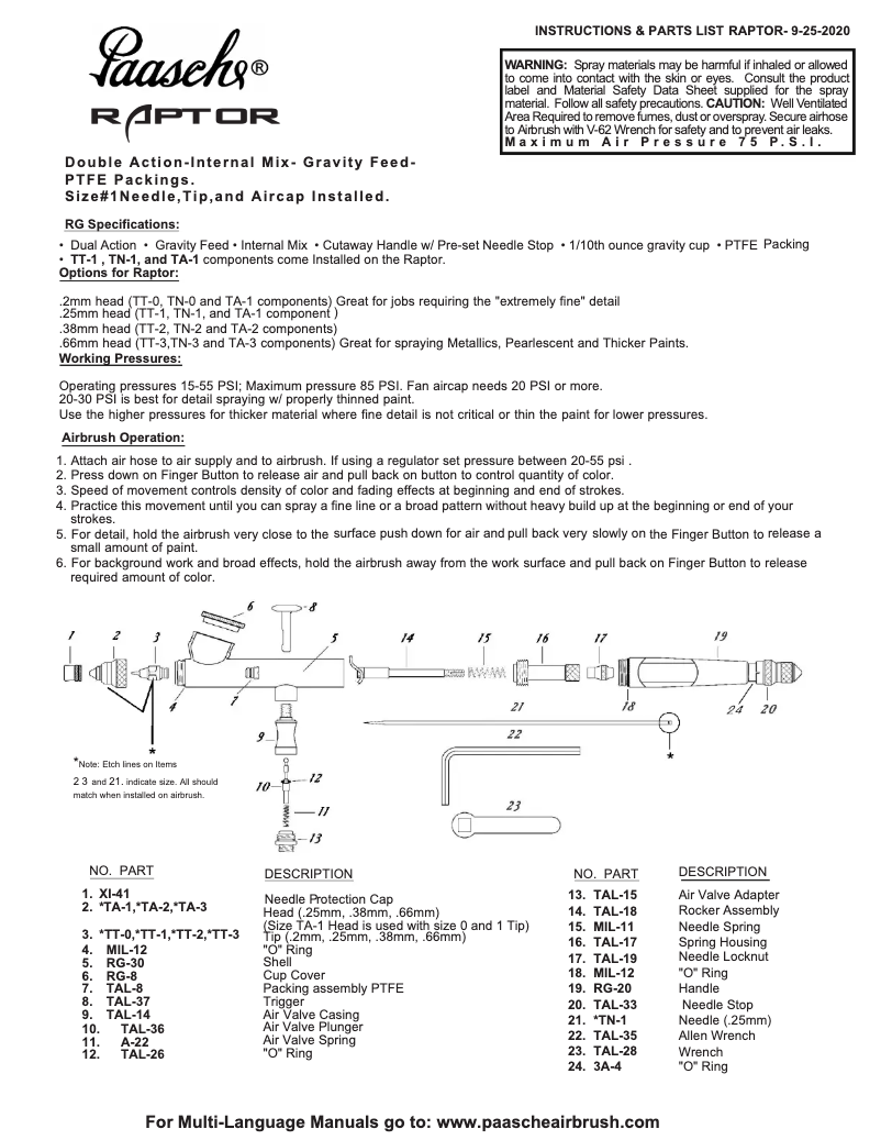 Page 1 of the manual User Manual Paasche RG-3AS