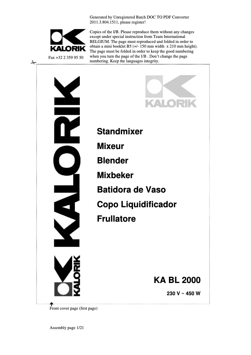 First page image of the manual for KA BL 2000