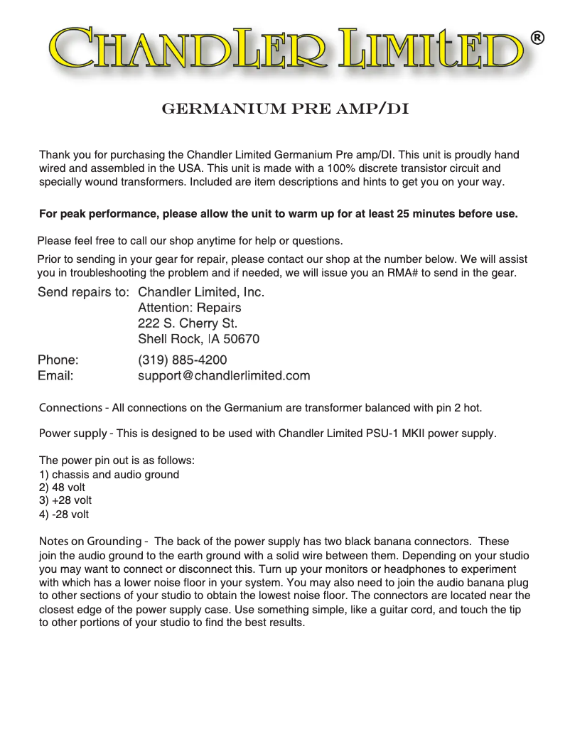 Page 1 of the manual User Manual Chandler Germanium Pre Amp/DI