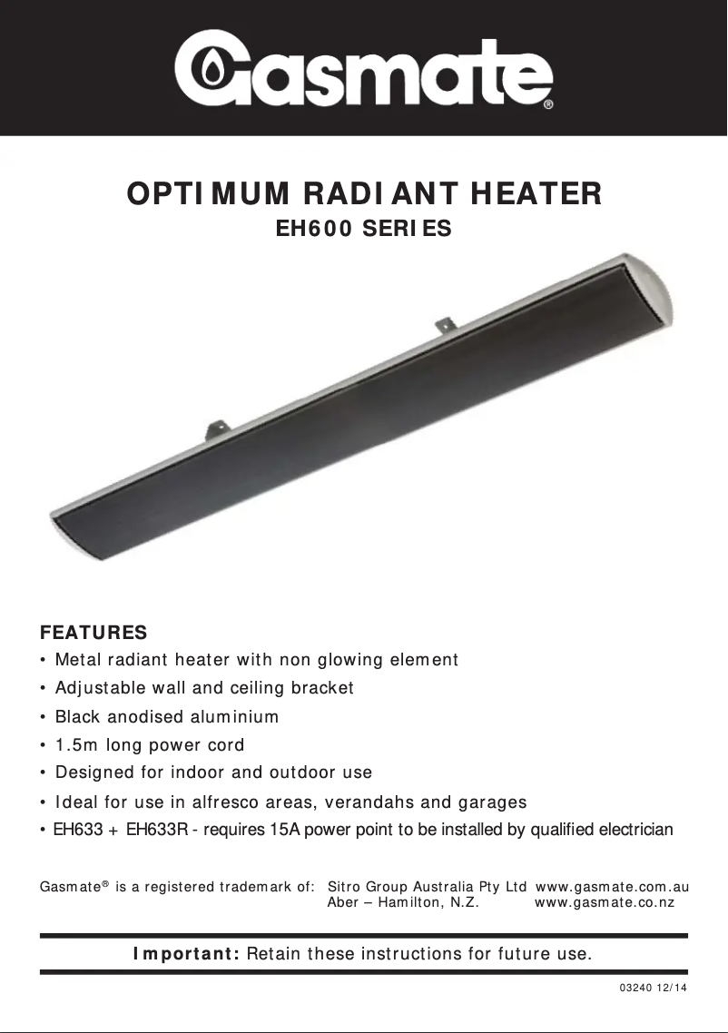 Page 1 of the manual User Manual Gasmate EH623B