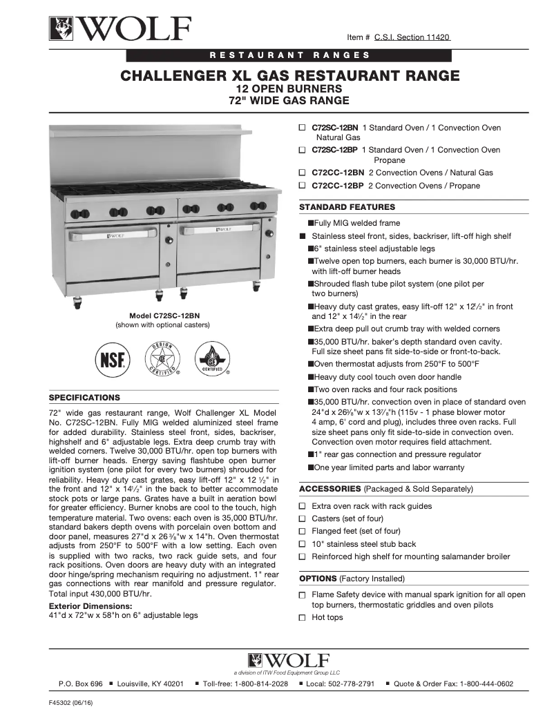 Page 1 of the manual Technical Sheet Wolf C72SC-12B