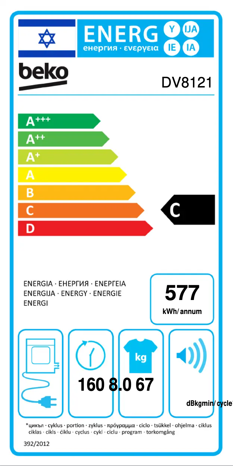 Page 1 of the manual Energy Label Beko DV8121