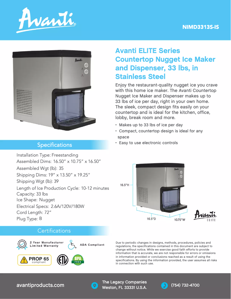 Page 1 of the manual Technical Sheet Avanti NIMD3314BS-IS