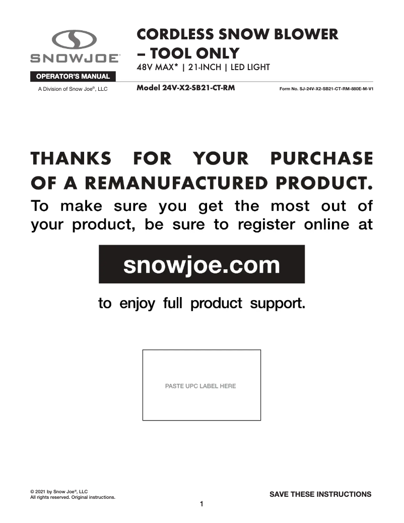 Page 1 of the manual User Manual Snow Joe 24V-X2-SB21-CT-RM