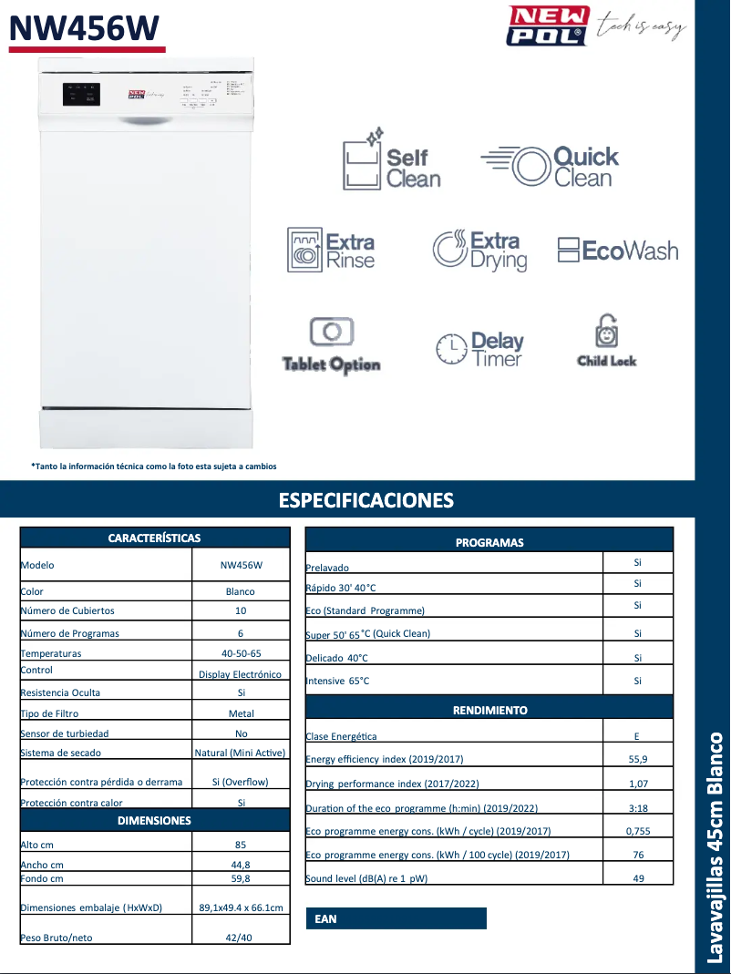 Page 1 of the manual Technical Sheet New Pol NW456W