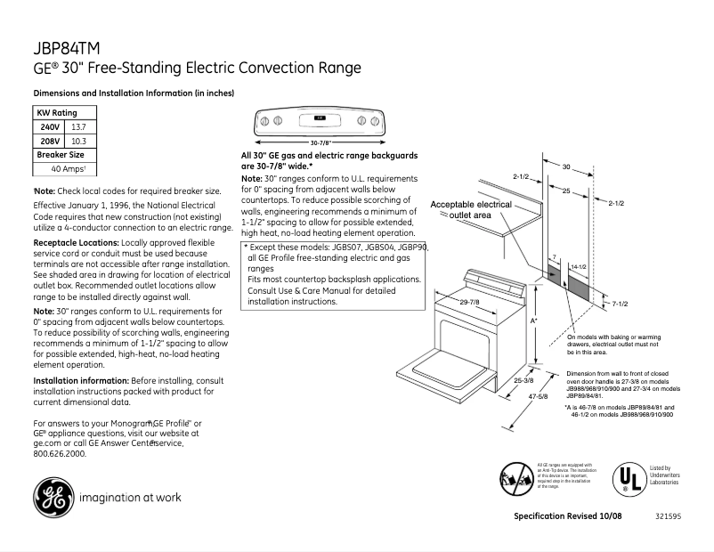 Page 1 of the manual Technical Sheet GE JBP84TMWW