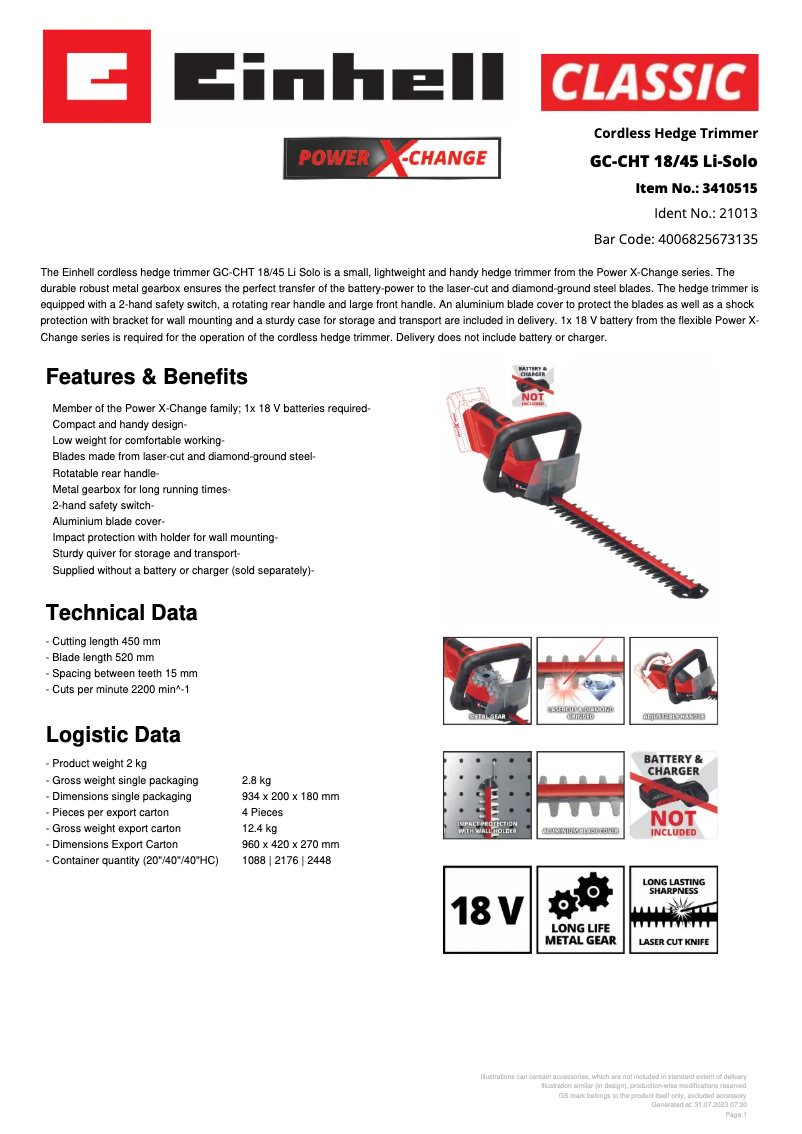 Page 1 of the manual Technical Sheet Einhell GC-CHT 18/45 Li