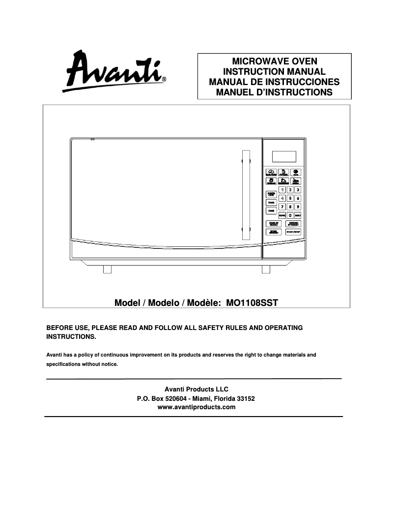First page image of the manual for MO1108SST