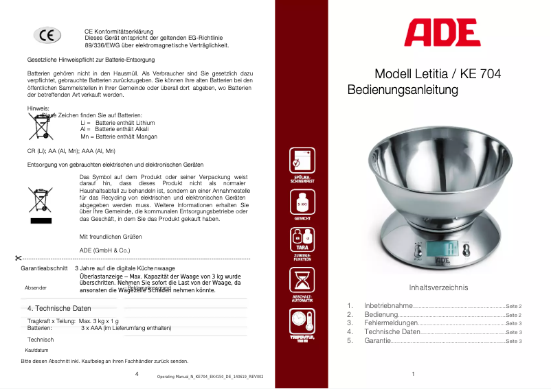 First page image of the manual for Letitia KE 704