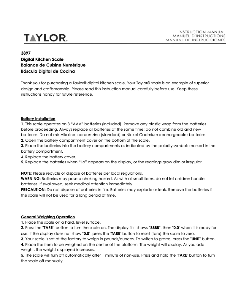 Page 1 de la notice Manuel utilisateur Taylor 3897