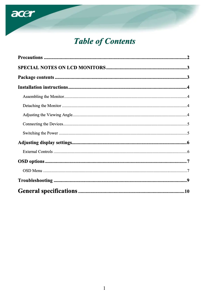 Page 1 of the manual User Manual Acer Value AL1916As