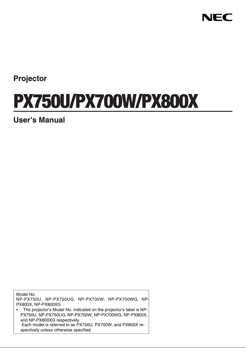 Page 1 of the manual User Manual NEC NP-PX800X