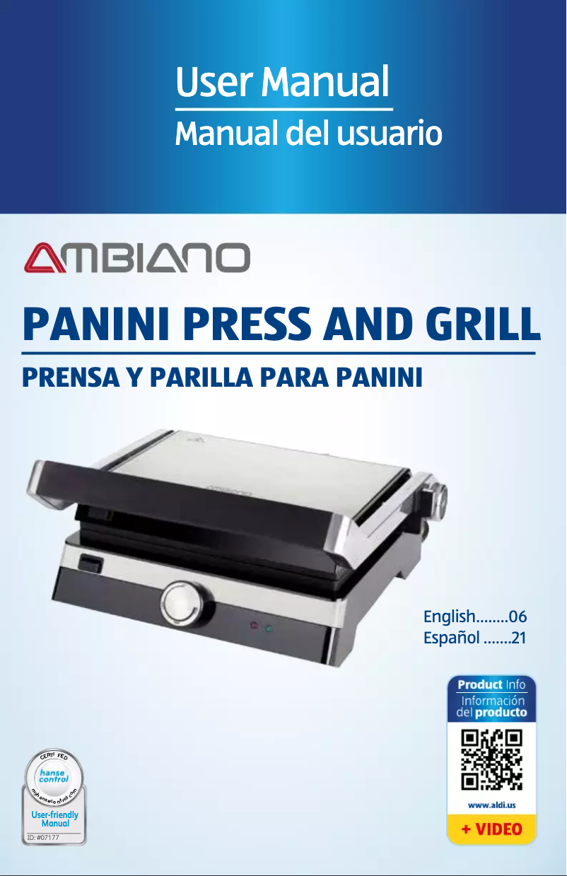 First page image of the manual for Panini Press and Grill KG6000
