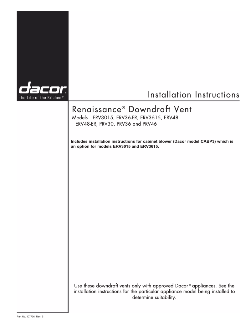 Page 1 of the manual Installation Guide Dacor MRV3015S