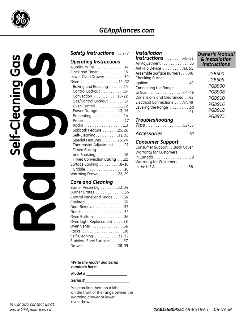 First page image of the manual for JGB500DEPBB