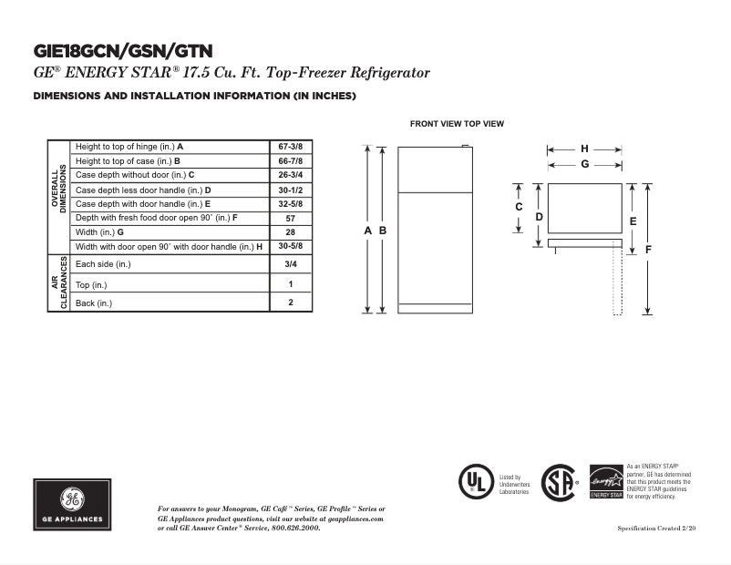 Page 1 of the manual Technical Sheet GE GIE18GCNRSA