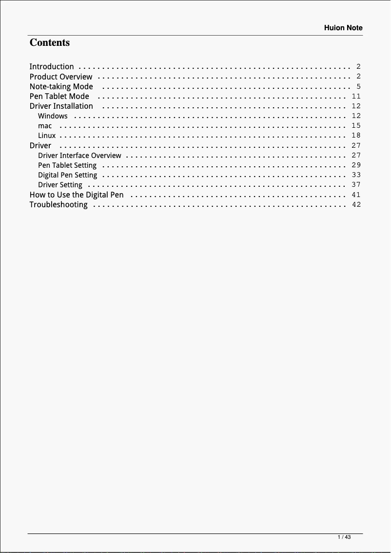 First page image of the manual for Note