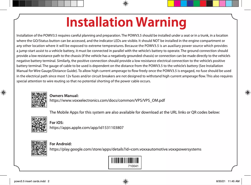 Page 1 of the manual Instructions / Assembly VOXX POWV3.5