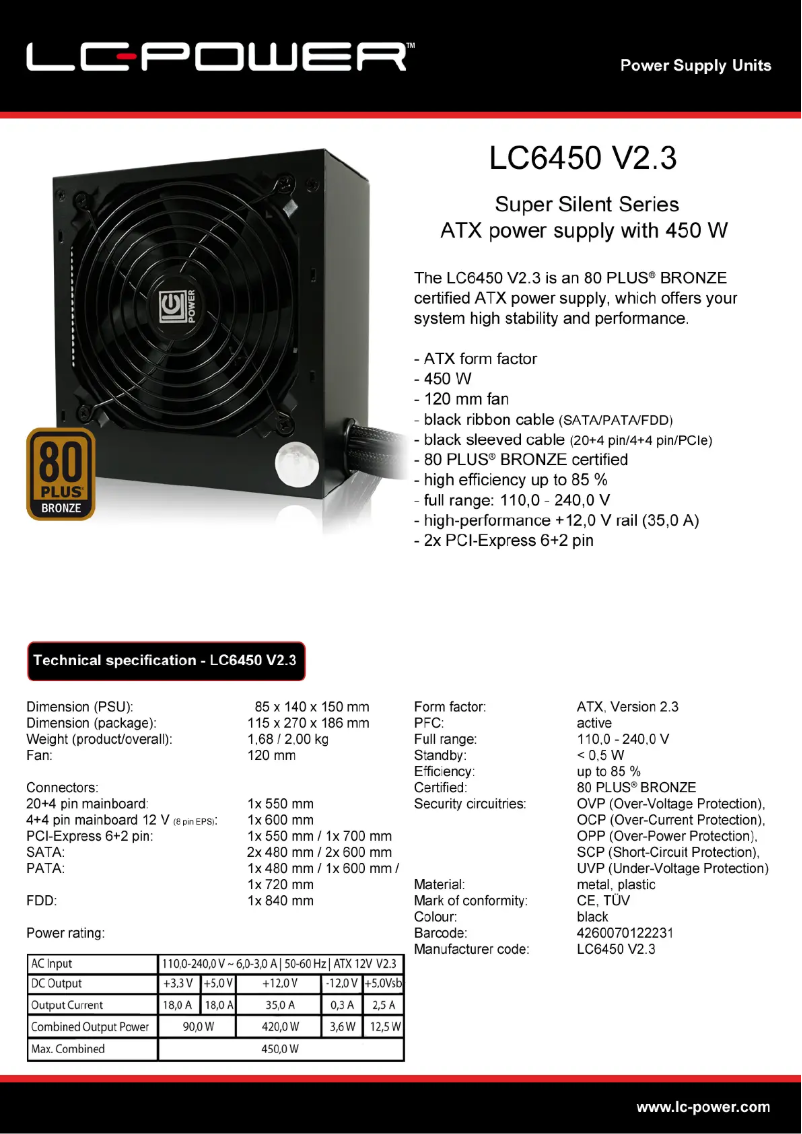 Page 1 of the manual Technical Sheet LC-Power LC6450 V2.3