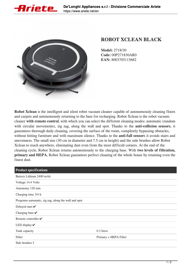 First page image of the manual for Robot Xclean 2718