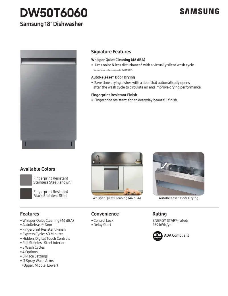 Page 1 of the manual Technical Sheet Samsung DW50T6060UG