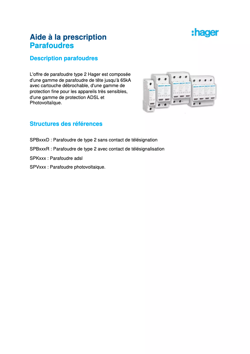 Page 1 of the manual Brochure Hager SPB265R