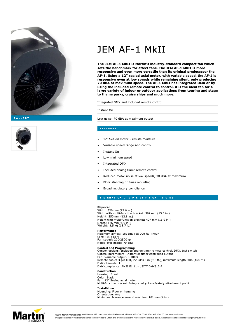 Page 1 of the manual Technical Sheet Martin JEM AF-1 MkII