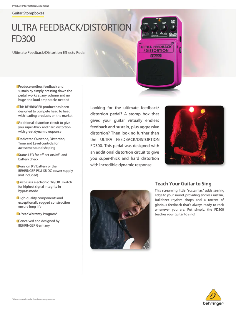 Page 1 de la notice Fiche technique Behringer Ultra Feedback Distortion FD300