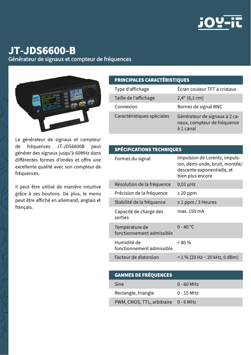 Image de la première page du manuel de l'appareil JDS6600
