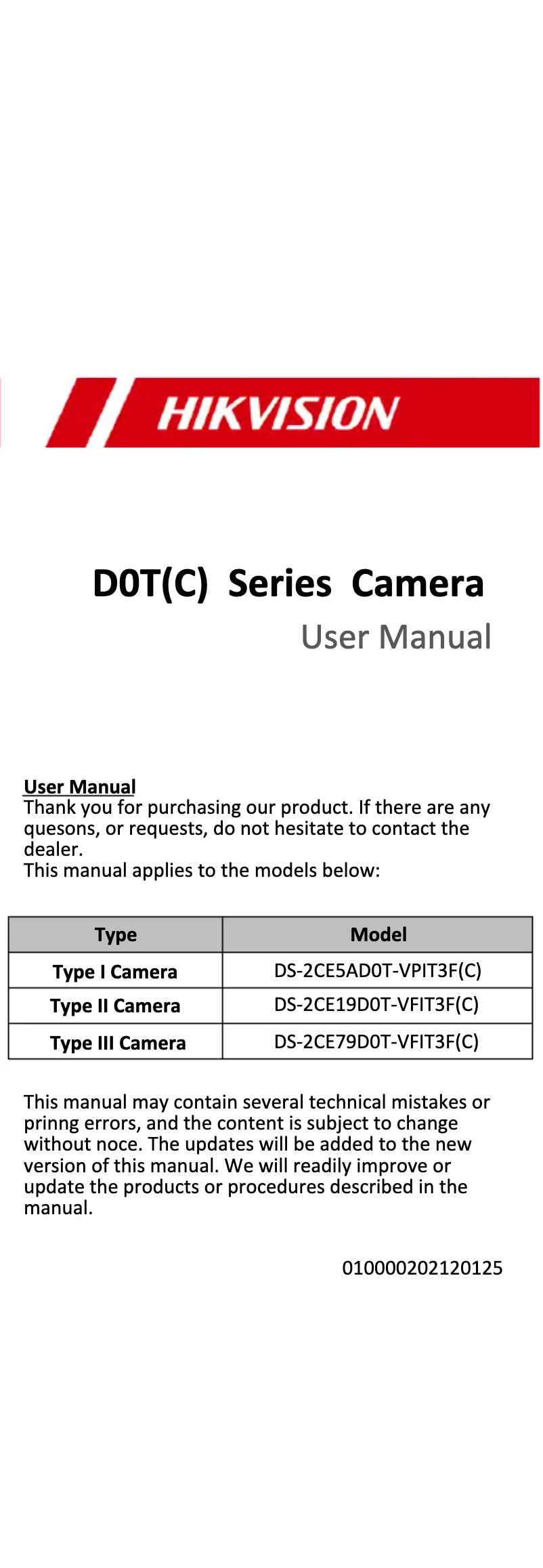 Page 1 of the manual User Manual Hikvision DS-2CE19D0T-VFIT3F