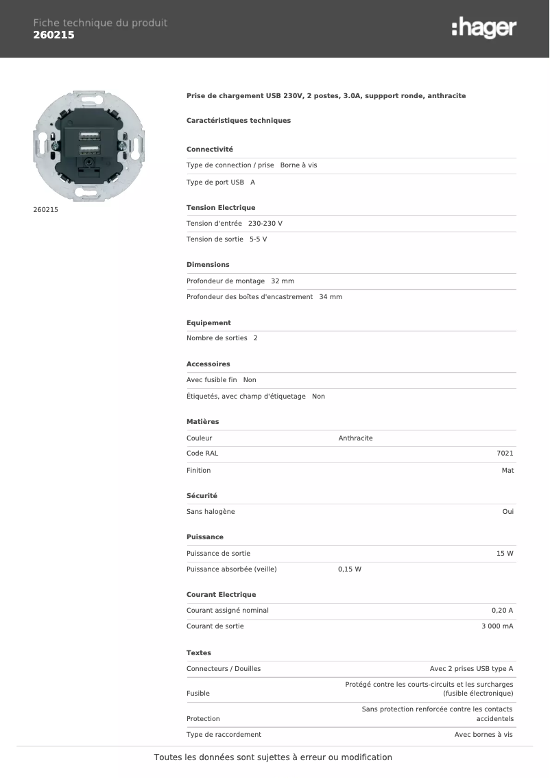 Page 1 of the manual Technical Sheet Berker 260215