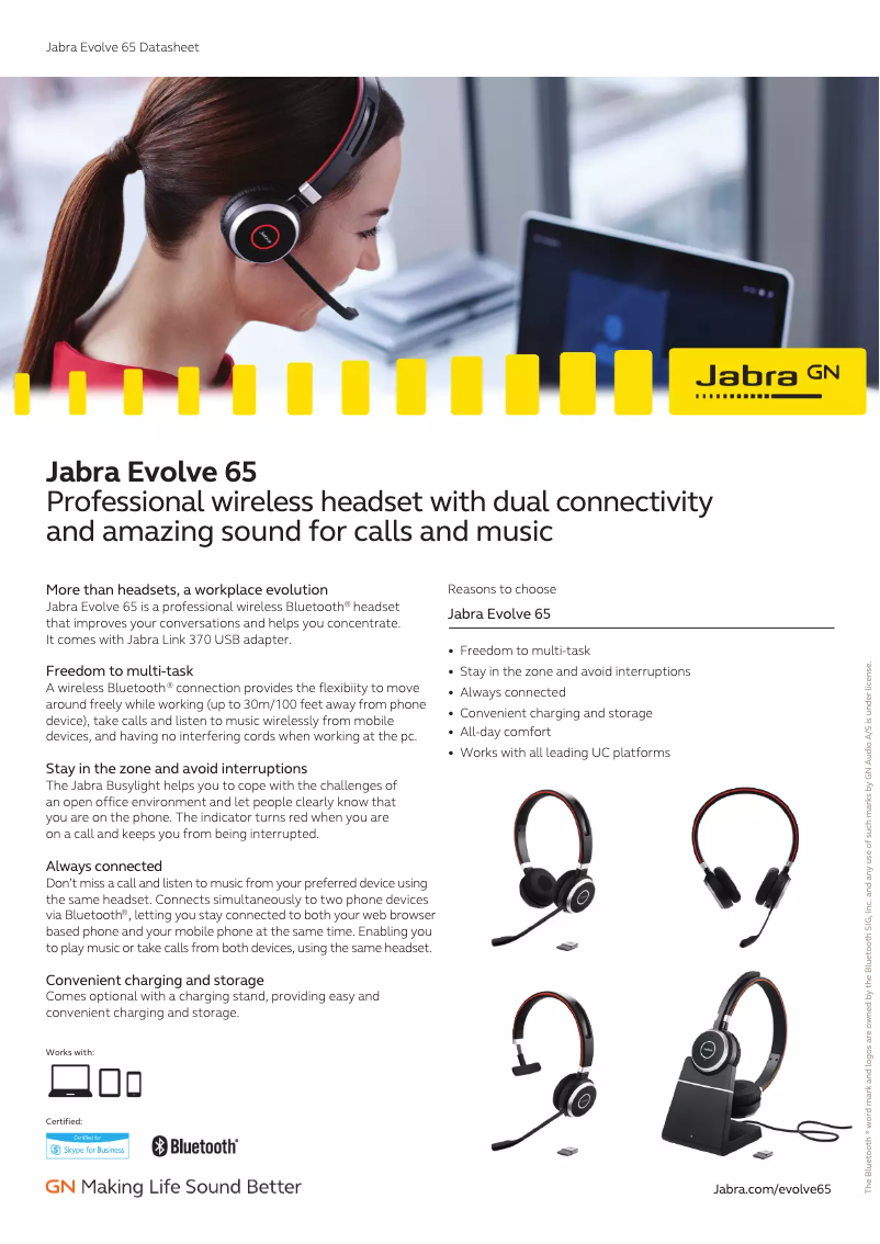 Page 1 of the manual Technical Sheet Jabra Evolve 65