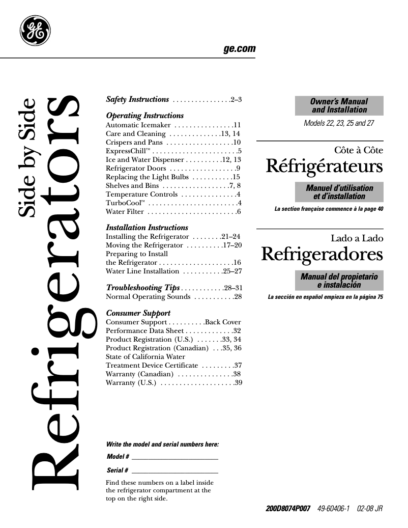 Page 1 of the manual Use and Maintenance Manual GE ESF25KGTCC