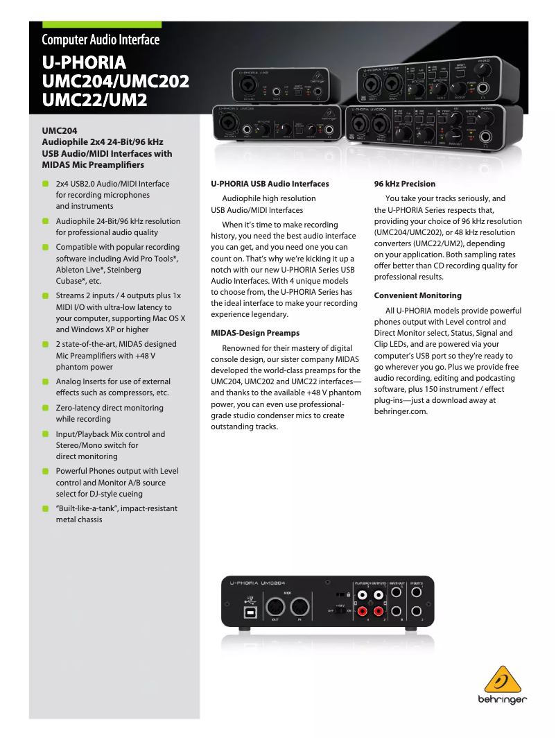 Page 1 de la notice Brochure Behringer U-PHORIA UM2