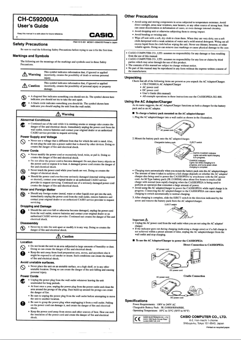 Page 1 of the manual User Manual Casio CH-C59200UA-B-E