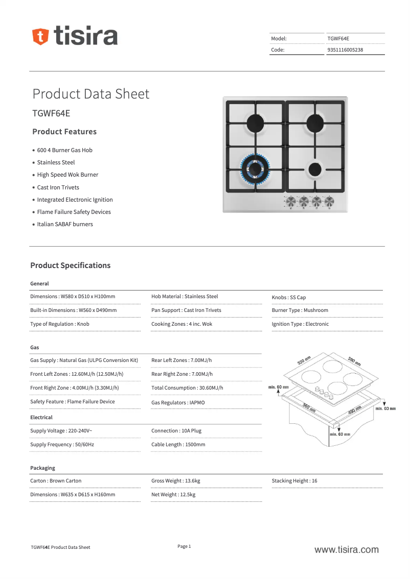 Page 1 of the manual Technical Sheet Tisira TGWF64E