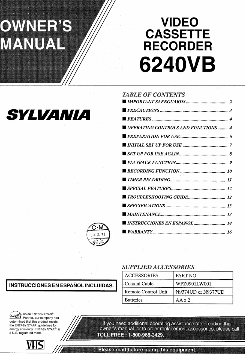 Page 1 of the manual User Manual Sylvania 6240VB