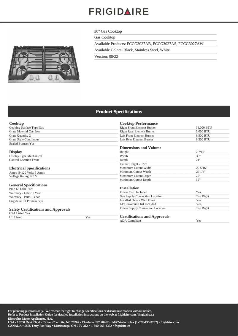 First page image of the manual for FCCG3027AW