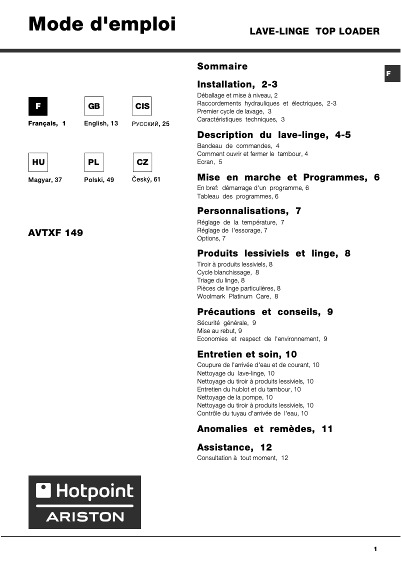 Page 1 of the manual User Manual Hotpoint Ariston AVTXF 149 (EU)