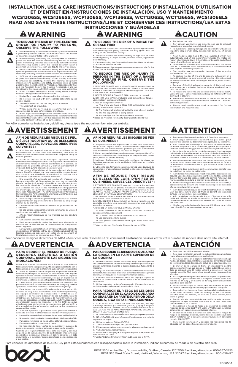Page 1 of the manual Installation Guide Best WCT1306SS