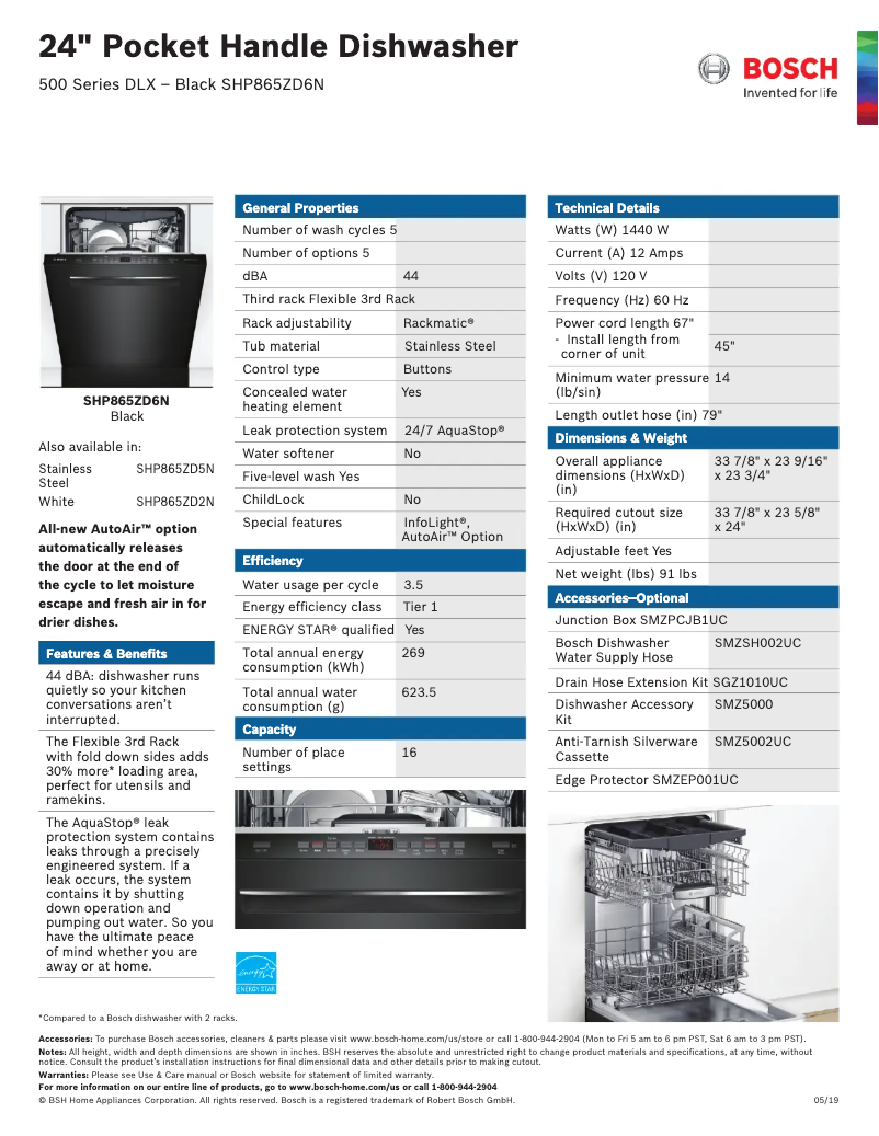 Page 1 of the manual Technical Sheet Bosch SHP865ZD6N