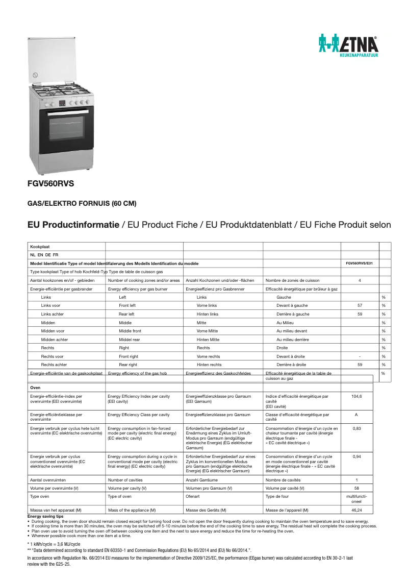 Page 1 of the manual Technical Sheet Etna FGV560RVS