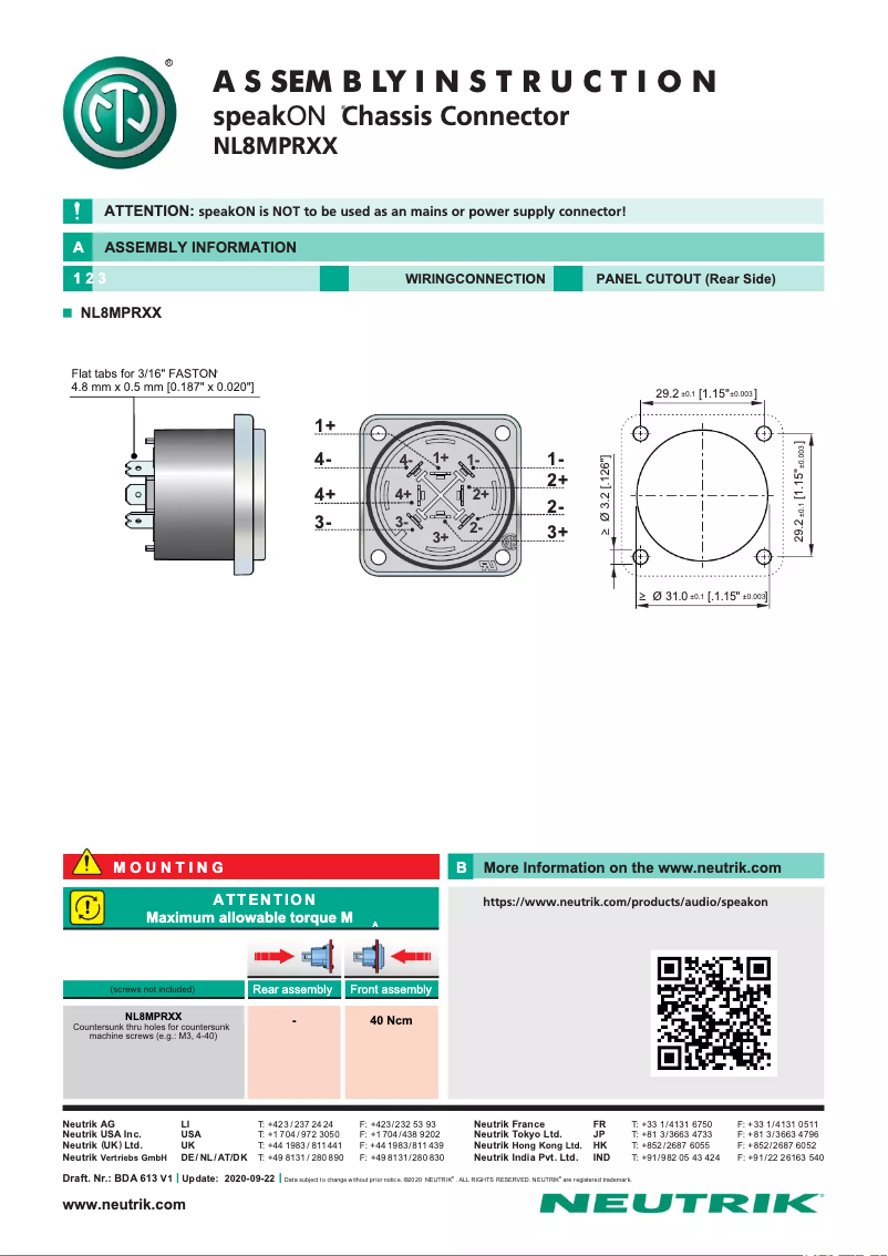 Page 1 of the manual User Manual Neutrik Speakon NL8MPRXX