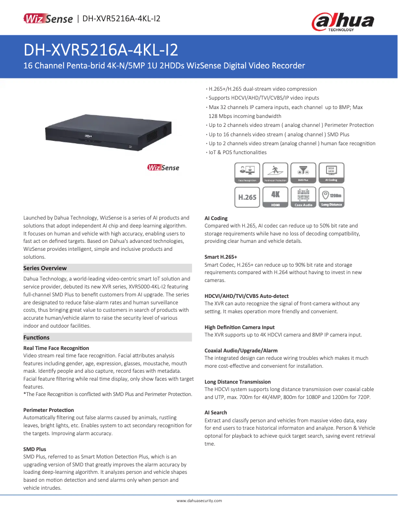 Page 1 of the manual Technical Sheet Dahua Technology XVR5216A-4KL-I2