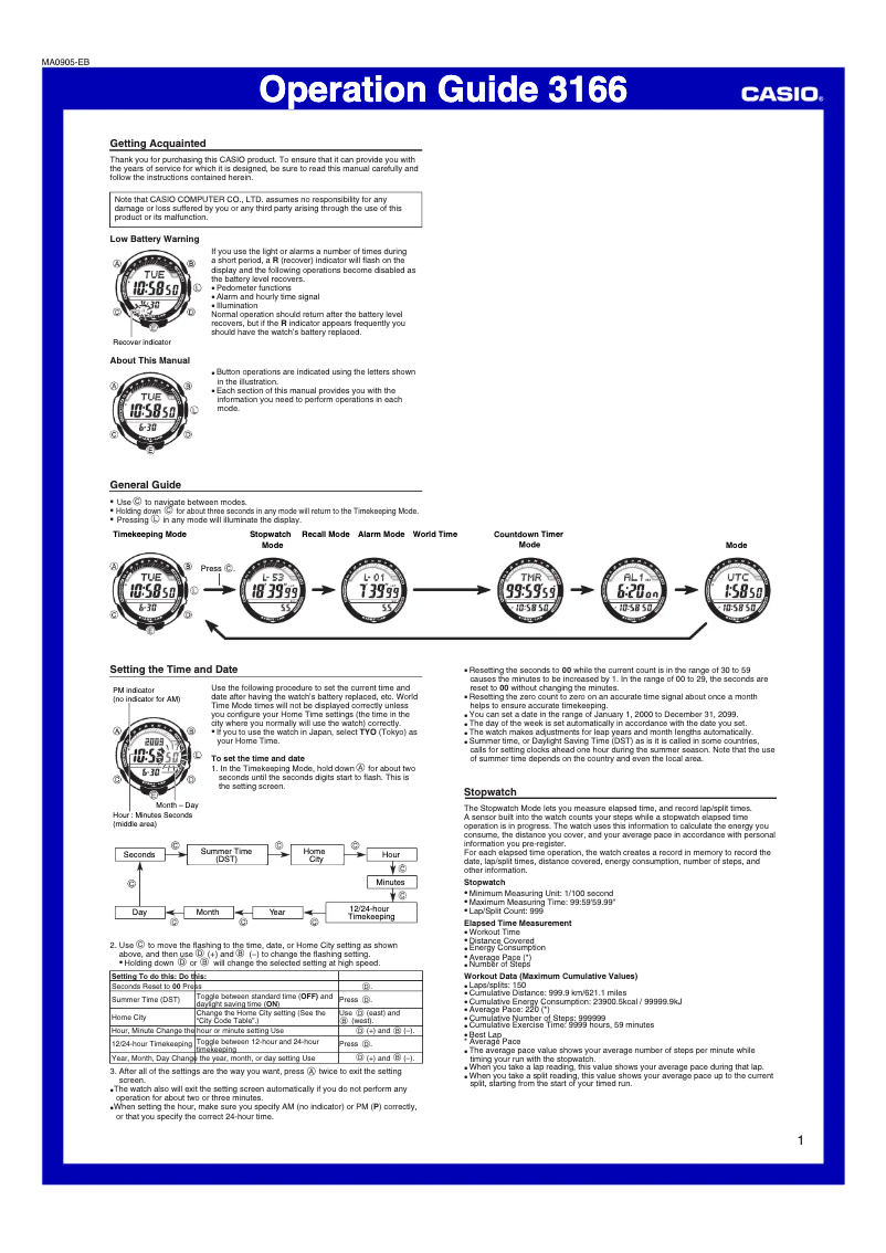 Page 1 of the manual User Manual Casio SGW200-1V