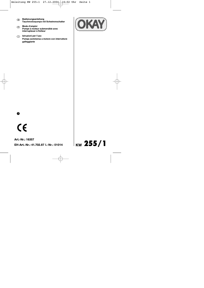 First page image of the manual for KW 255/1